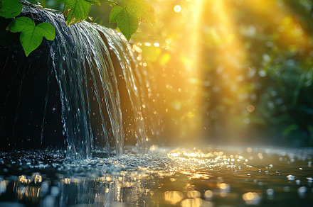 Stream of water flowing down in the forest with sun rays, a Nature Photo by AlyaAnd