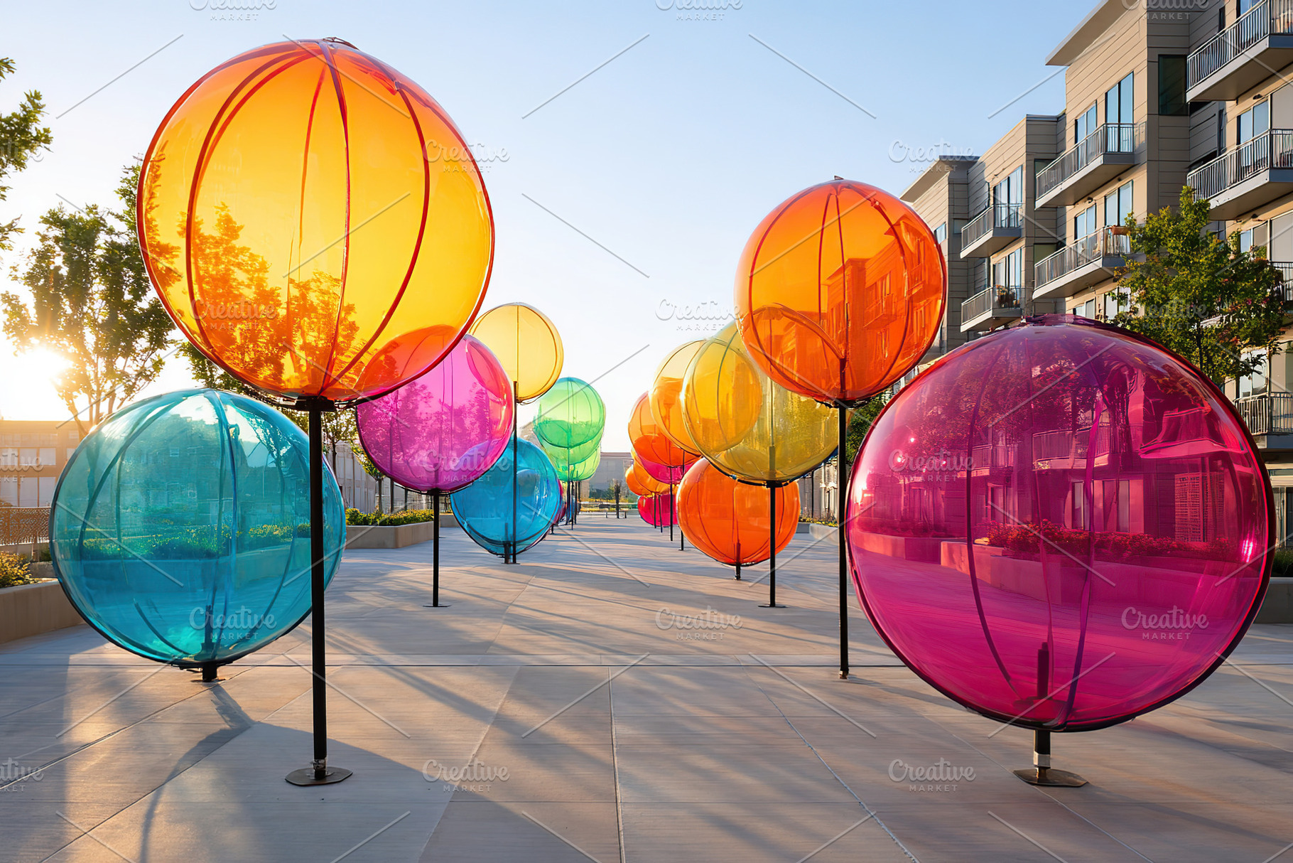 Colorful art installation featuring large translucent spheres in urban outdoor, an Architecture Photo by AlyaAnd