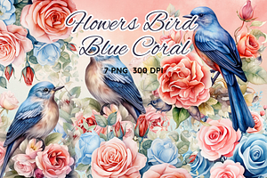 Flowers Bird Roses Coral And Blue