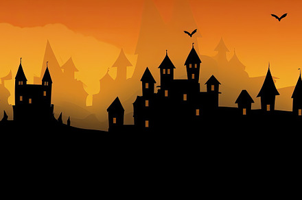 Orange halloween landscape with a haunted castle in the backgrou, a Holiday Photo by José Manuel Gelpi