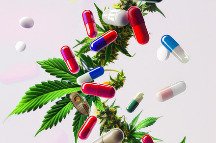 Colorful pills and cannabis leaves scattered on white background, a Photo by Dvoevnore photos
