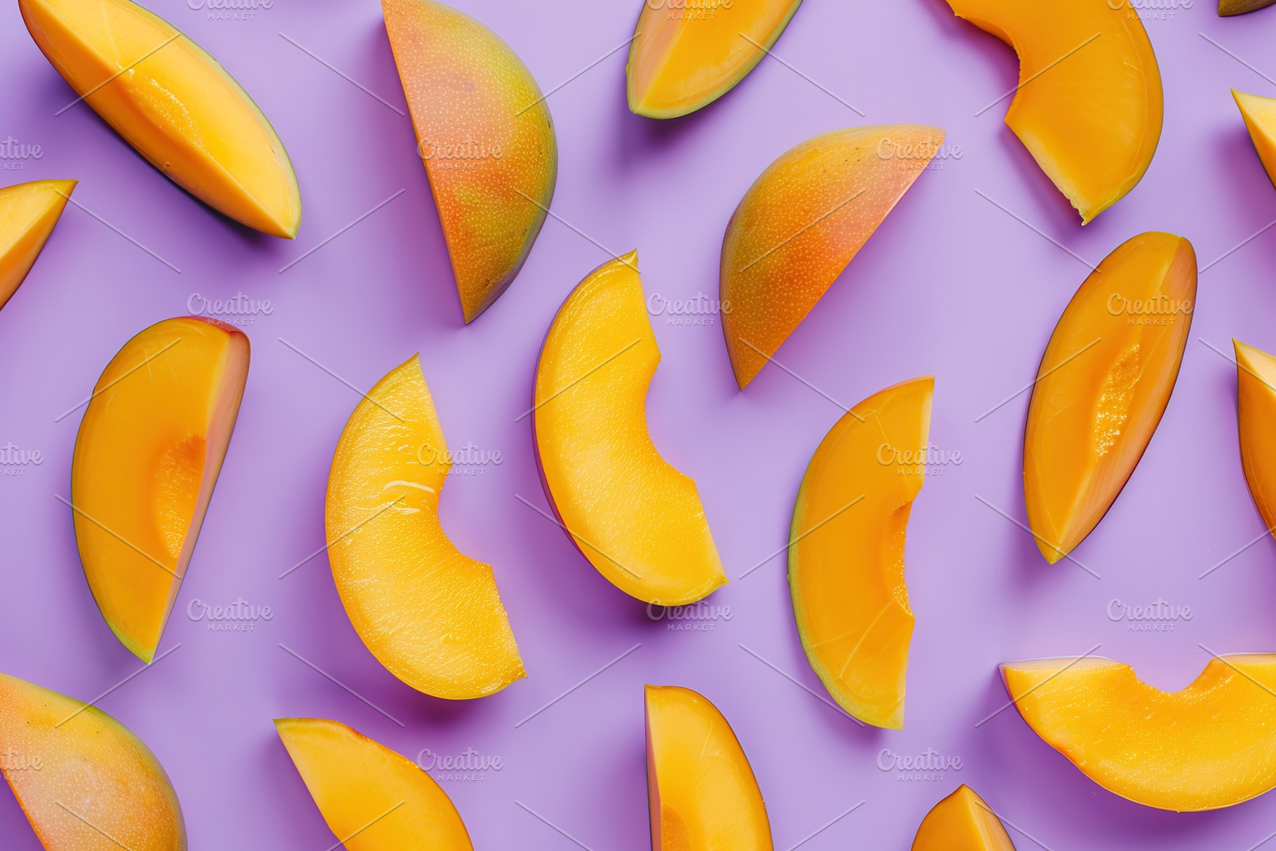 Pattern of fresh mango pieces on purple background, a Food & Drink Photo by AlyaAnd