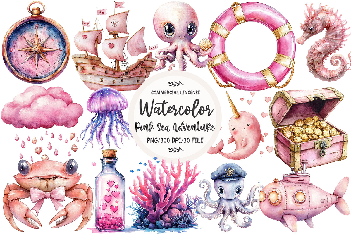 Pink Sea Adventure Clipart, an Illustration by OK Design (Photo 1 of 5)