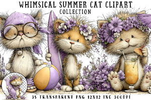 Whimsical Summer Cat Clipart, an Illustration by OK Design