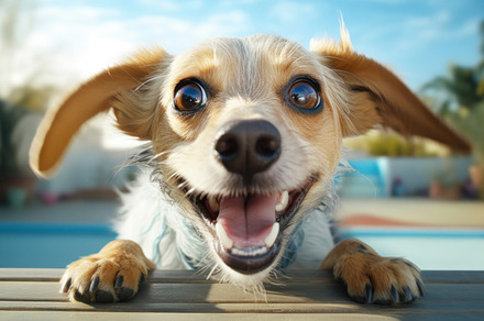 Funny dog on a street on the background of backyard and water pool, an Animal Photo by zakiroff