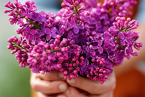 A young woman smiles, showcasing a beautiful bouquet of lilacs in a bright outd, a Nature Photo by AlyaAnd