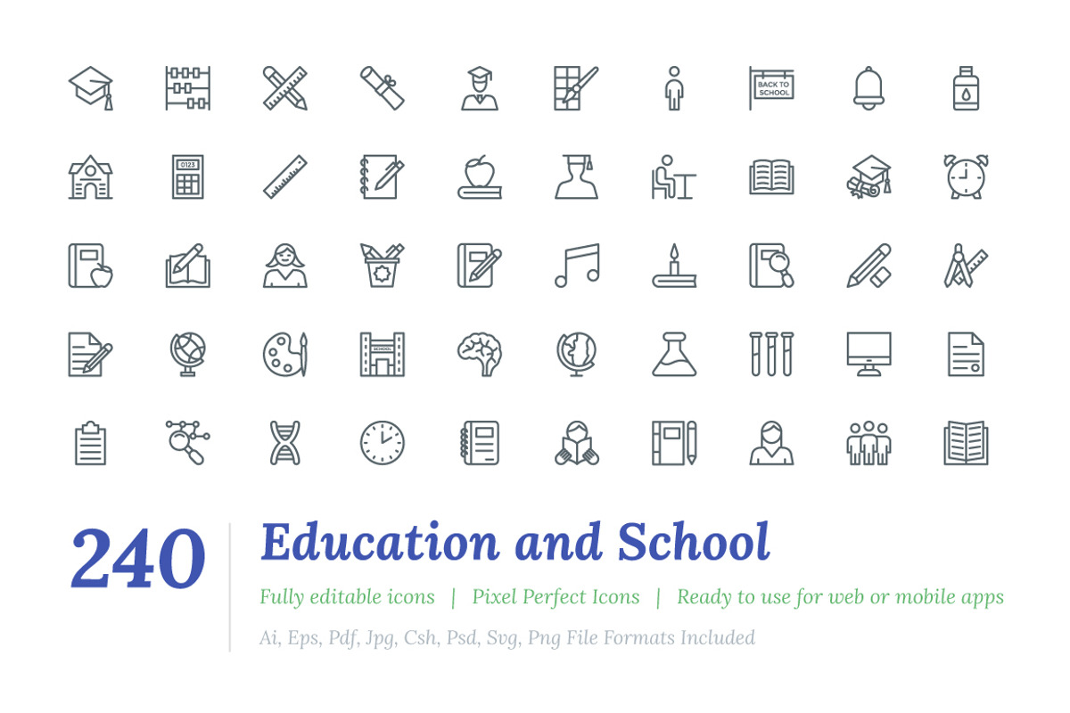 240 Education and School Line Icons, an Outline Icon by Vectors Market (Photo 1 of 4)