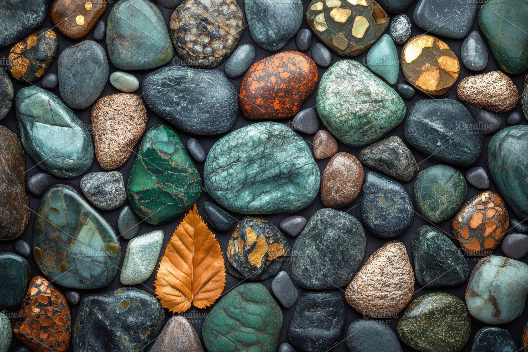 Smooth stones and a golden leaf natu, an Abstract Photo by Pixeness Studio