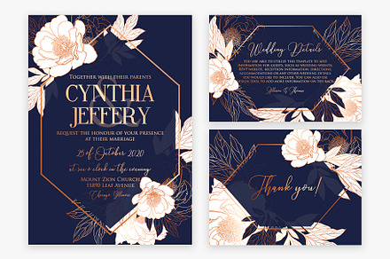 Peony wedding invitation card set