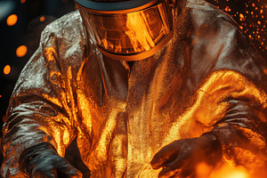 A Heat Treatment Specialist worker in a protective suit and helmet is pouring m, a Person Photo by Textures & Backgrounds