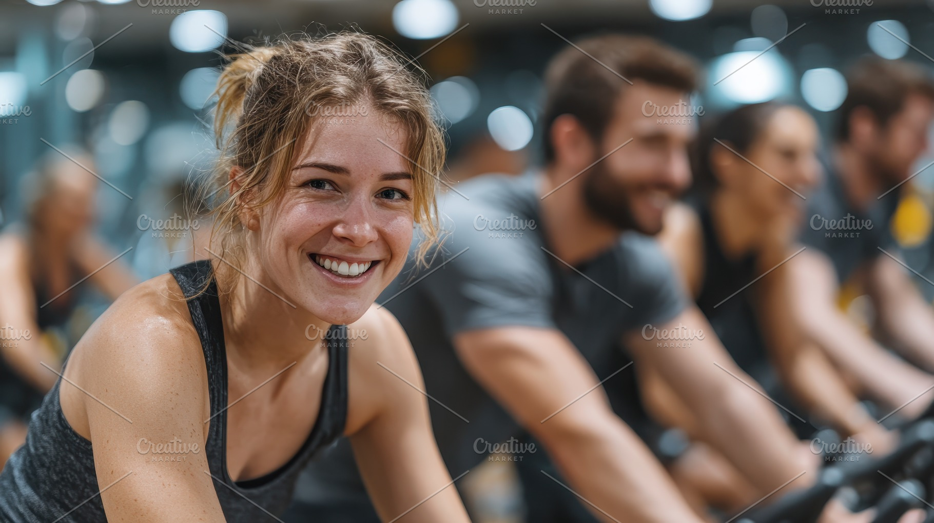 Happy woman cycling fitness class wo, a Photo by Pixeness Studio