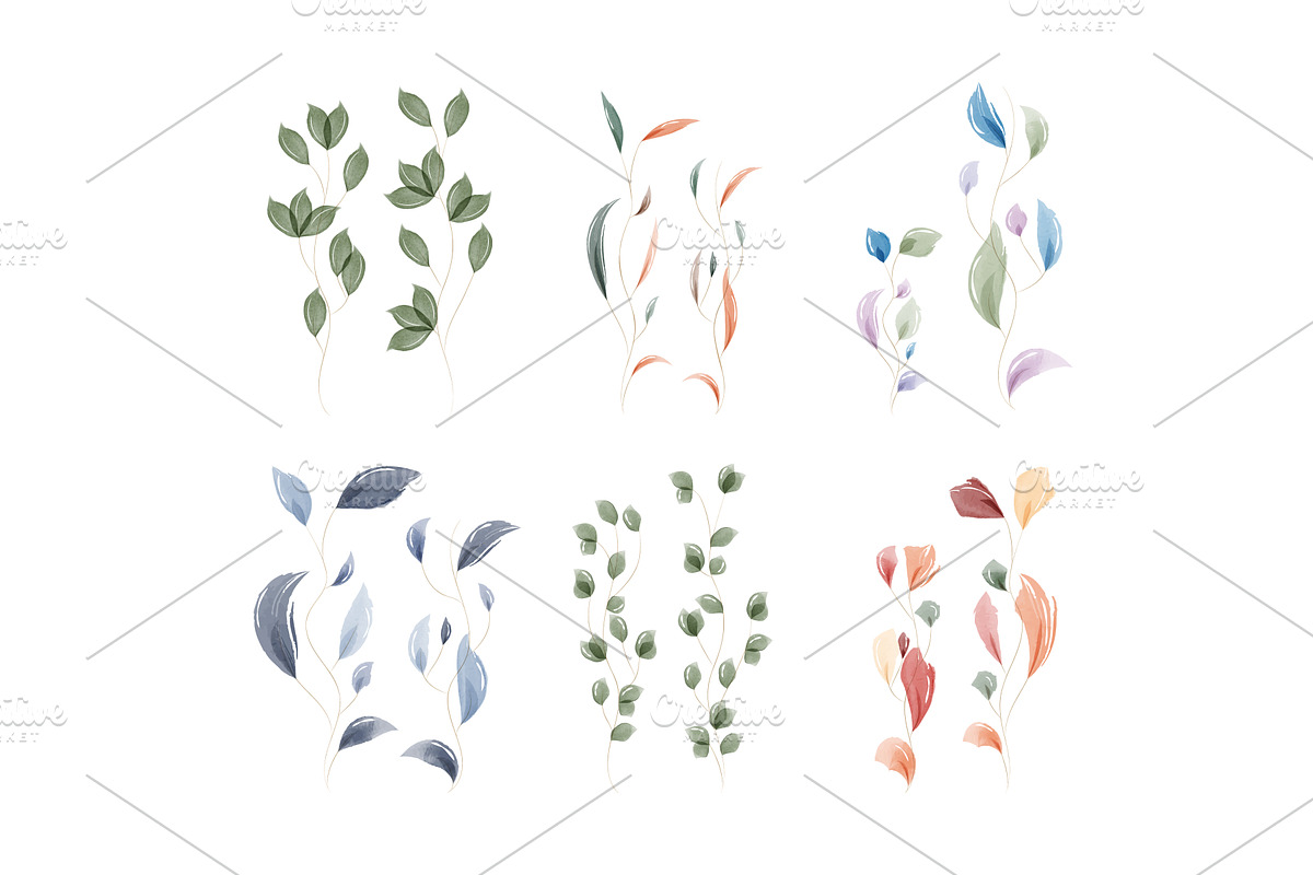 Artistic watercolor leaf elements, an Illustration by okskukuruza