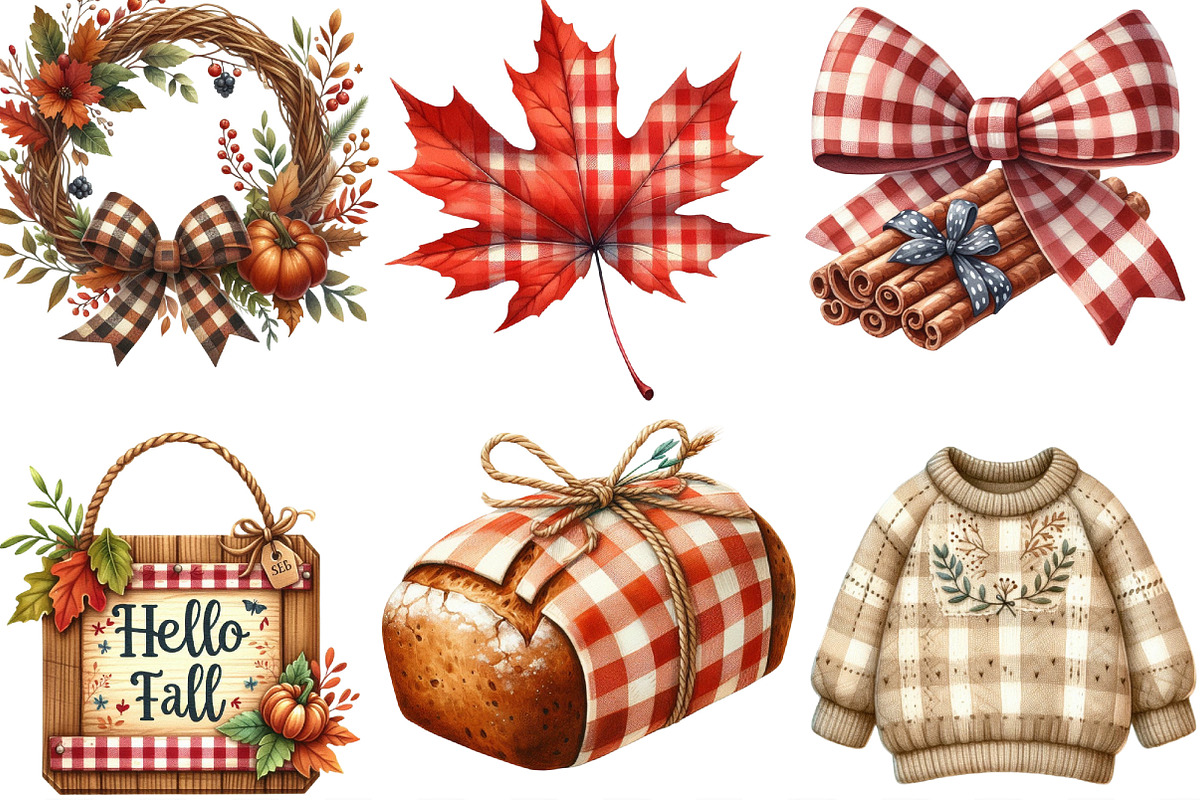 Watercolor Gingham Autumn Clipart, an Illustration by Designking (Photo 3 of 4)