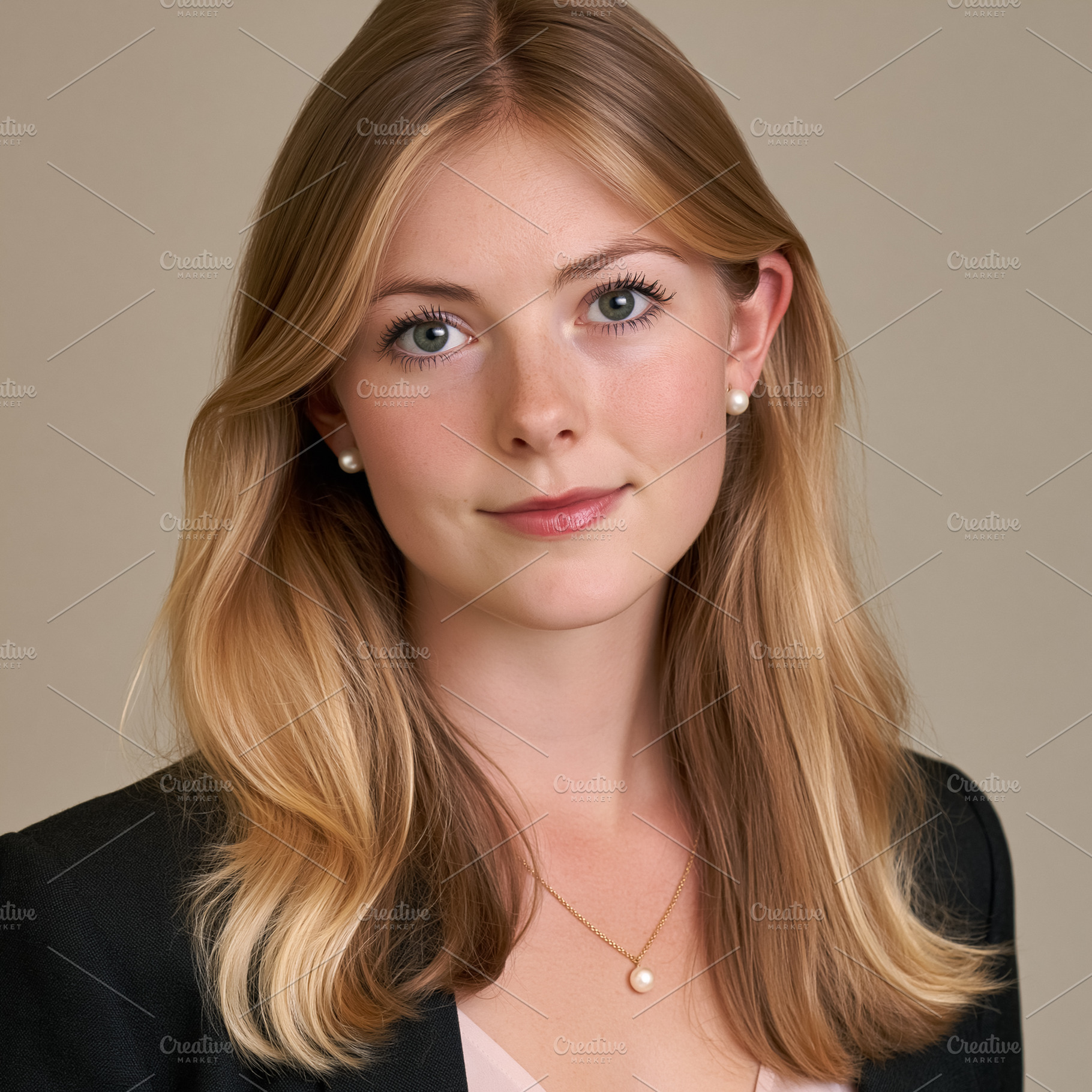 Young professional woman smiling, wearing a blazer, pearl earrin, a Person Photo by Studio ANNA