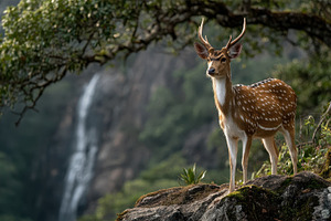 Axis deer on mossy rock scenic water, a Photo by Pixeness Studio