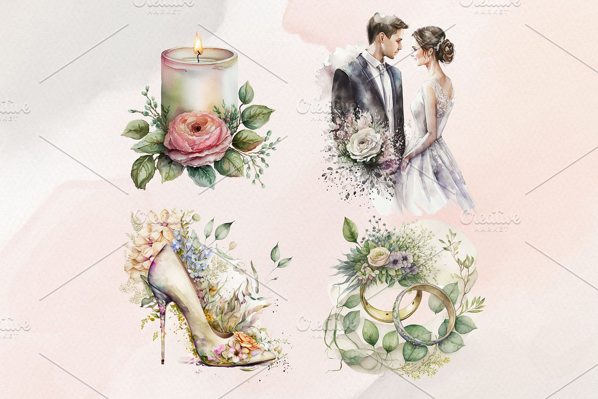 37Watercolor Wedding Clipart PNG Set, an Illustration by Jalina Clipart Studio (Photo 5 of 7)
