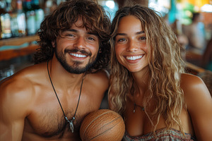 Smiling young couple poses happily a, a Photo by Tanuart