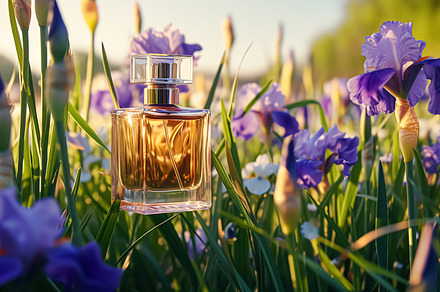 Perfume bottle in flowers, fragrance on blooming background, flo, a Photo by Anneleven