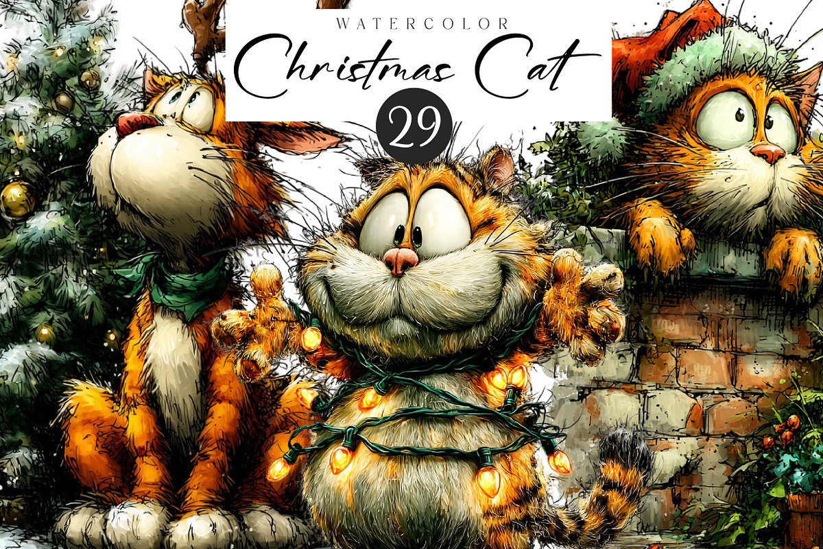 Watercolor Christmas Cat Clipart, an Illustration by CreationArt (Photo 1 of 5)