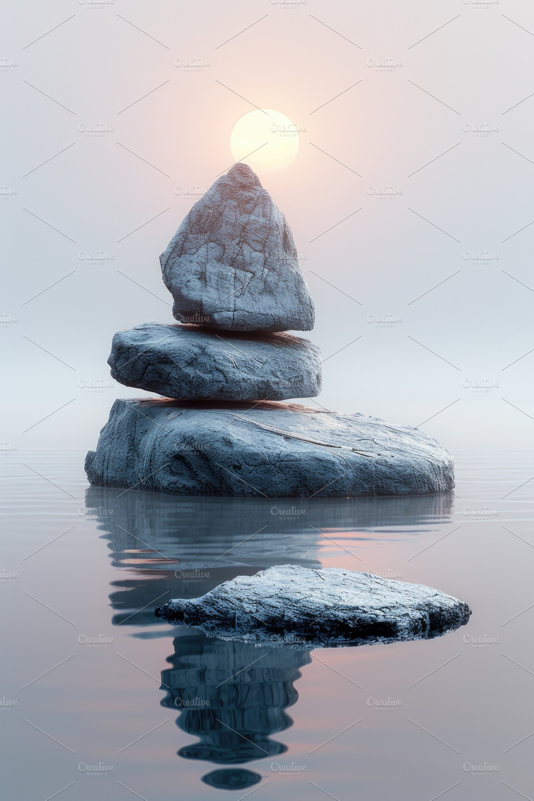 Stacked stones in calm water with soft sunrise and minimalist re, an Abstract Photo by José Manuel Gelpi