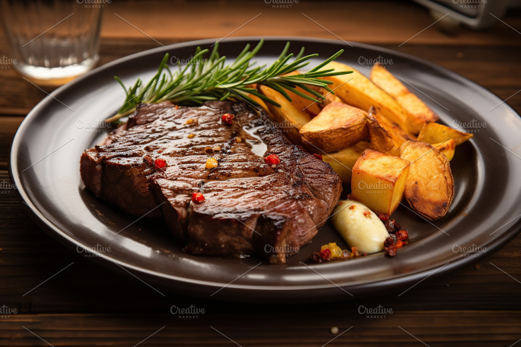 Grilled meat steak with fried potatoes and rosemary in plate on wooden backgrou, a Food & Drink Photo by AlyaAnd