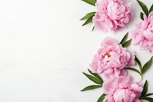 Flat lay of pink peony flowers with copyspace on white background, a Nature Photo by AlyaAnd