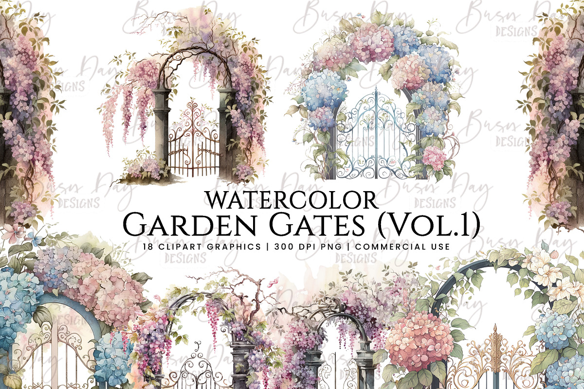 Watercolor Garden Gates Clipart, an Object Illustration by BusyDaydesign (Photo 1 of 8)