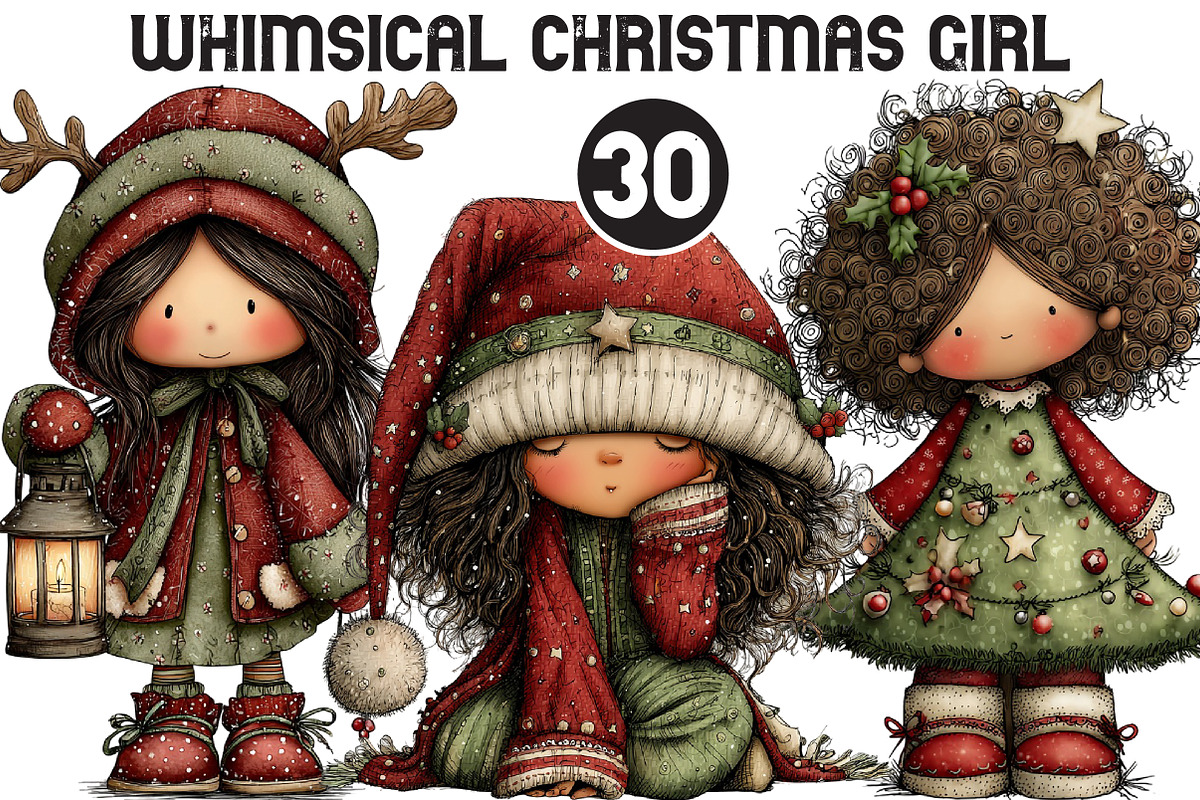 Whimsical Christmas Girl Clipart, an Illustration by Black Bird Studio (Photo 1 of 6)