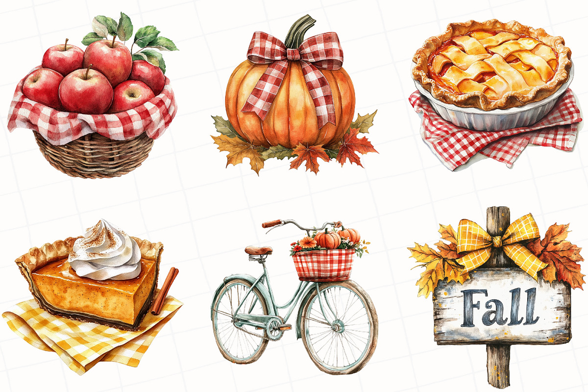 Watercolor Gingham Autumn Clipart, an Illustration by OK Design (Photo 3 of 5)
