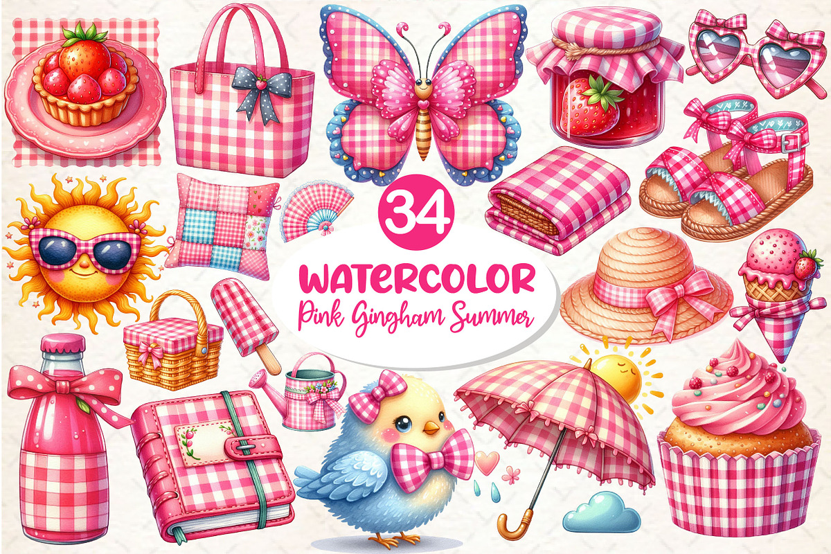 Bohemian Pink Gingham Summer Clipart, an Illustration by Dream Creation (Photo 1 of 4)