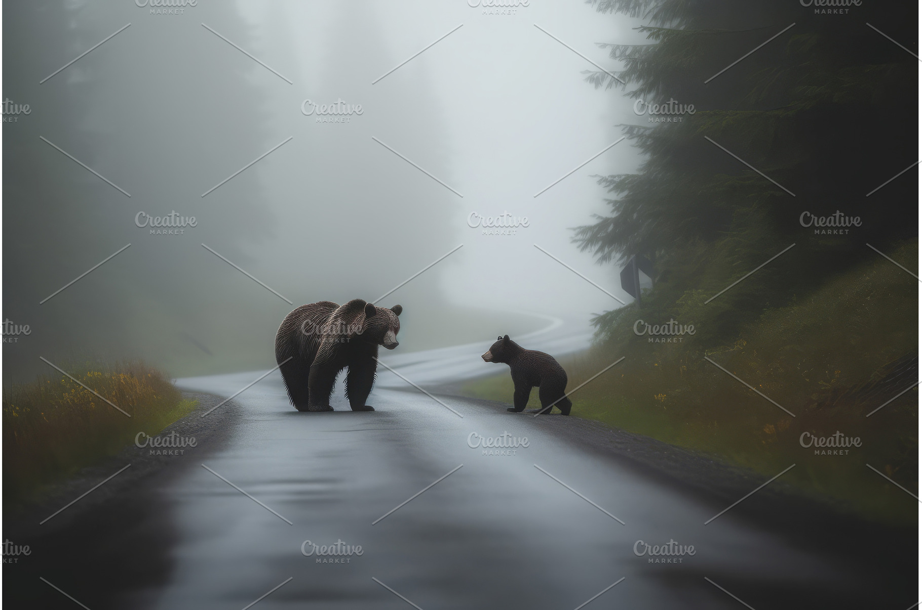 Bear cub road in fog. Generate Ai, an Animal Photo by Ylivdesign