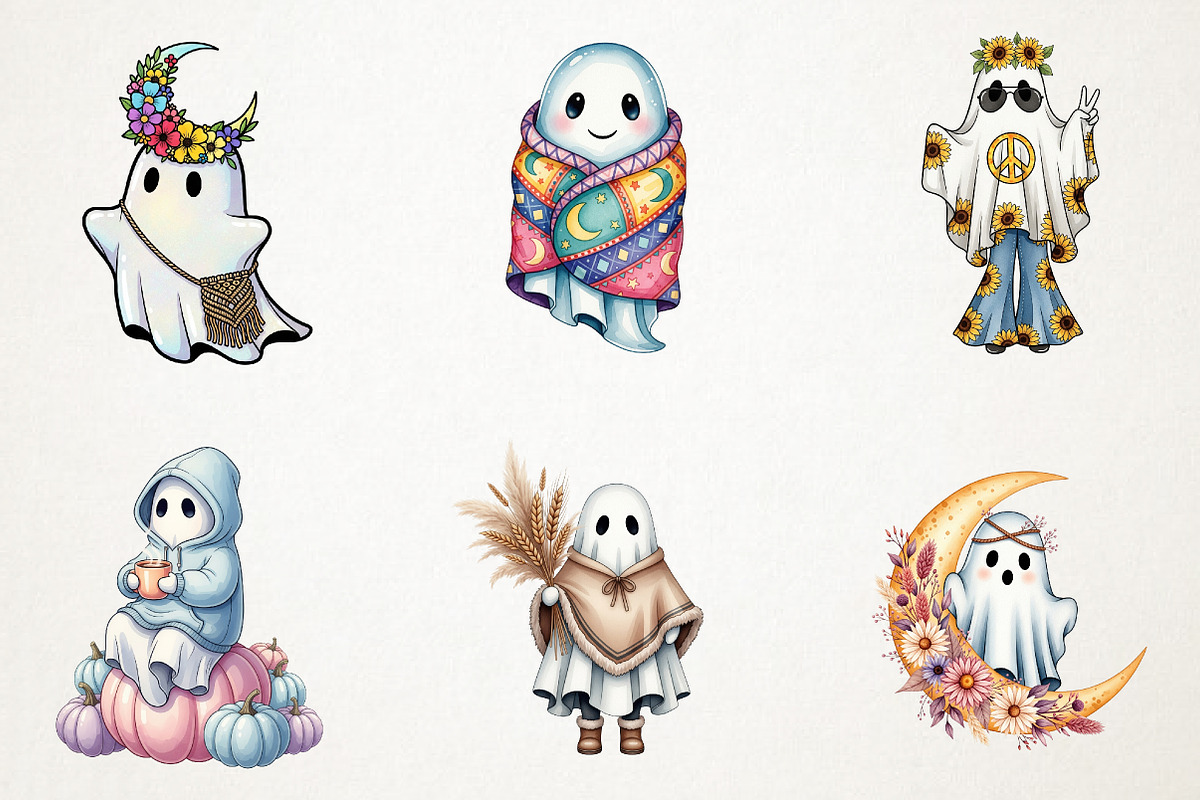 Boho Halloween Cute Ghost Clipart, a Seasonal Illustration by RobertsArt (Photo 3 of 7)