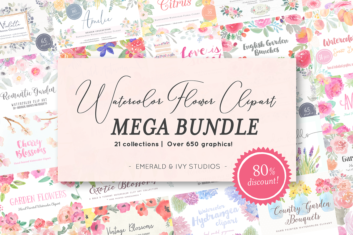 SALE! HUGE Watercolor Flower Bundle, an Illustration by Emerald & Ivy Studios (Photo 2 of 23)