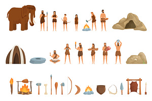 Ancient era family icons set cartoon, a Person Illustration by Ylivdesign