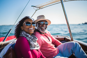 Happy middle-aged black couple enjoying yacht vacation under sun, a Photo by Dvoevnore photos