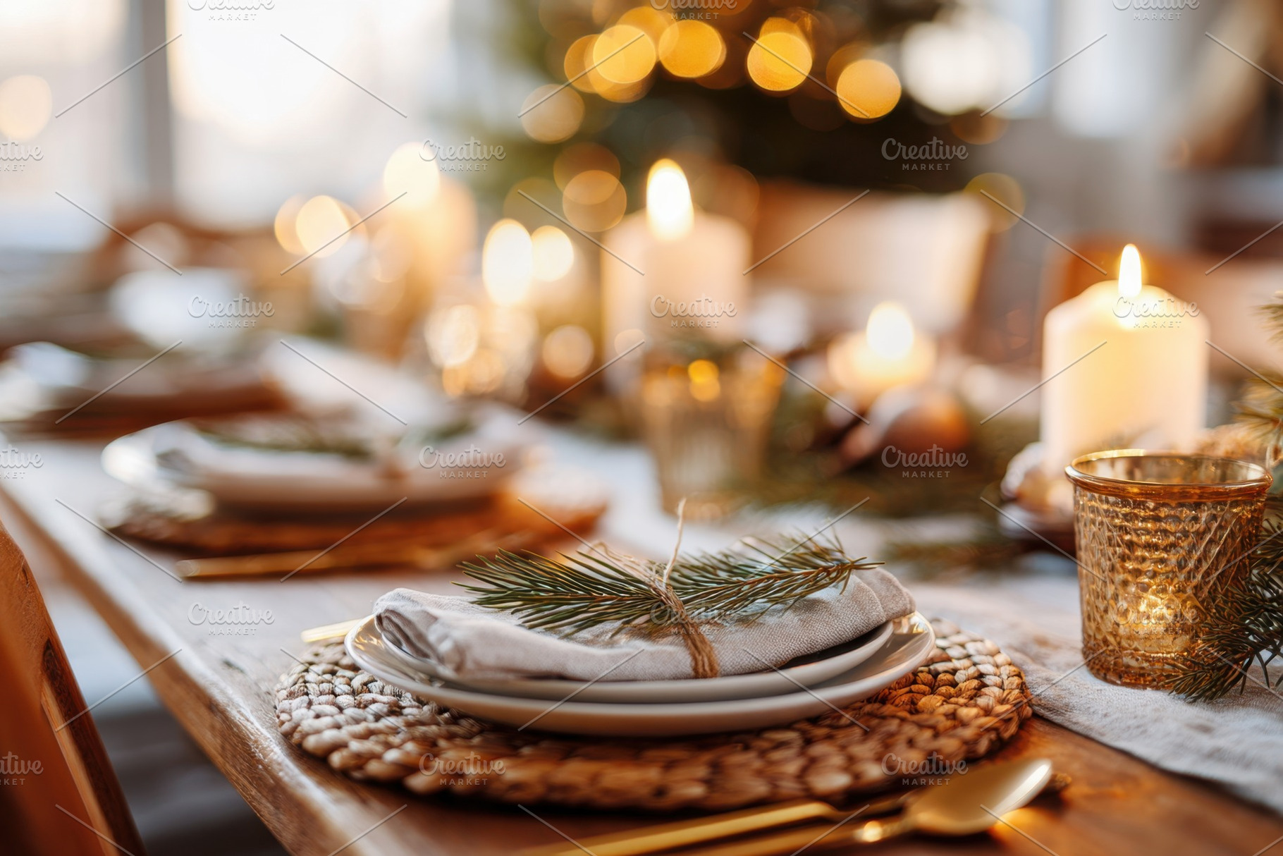 Festive dining table setting with candles and pine decor, a Holiday Photo by AlyaAnd