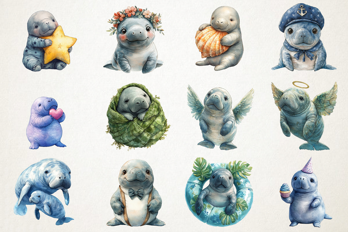 Cute Baby Watercolor Manatees Clipar, an Illustration by RobertsArt (Photo 6 of 7)
