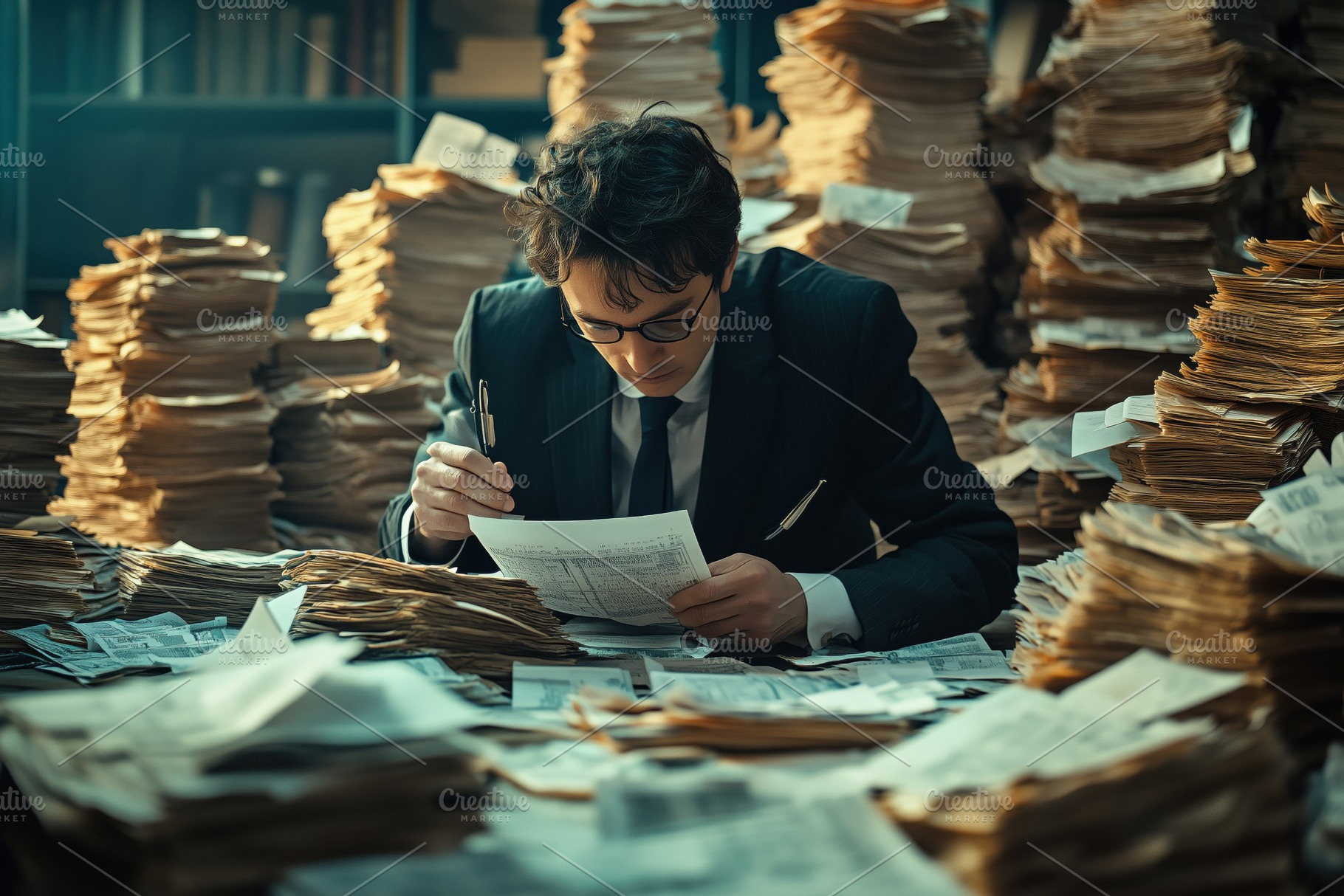A focused accountant man in a suit sitting at a cluttered desk covered with pil, a Person Photo by Textures & Backgrounds