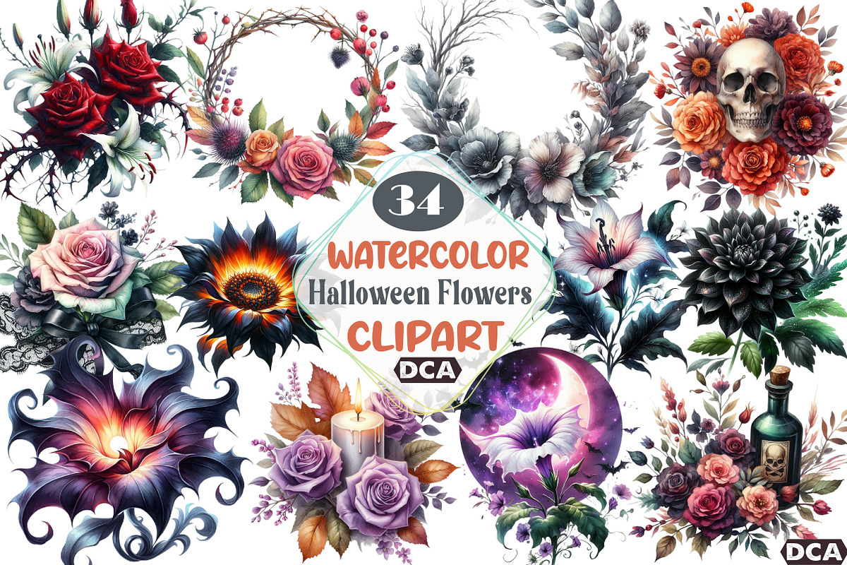 Halloween Flowers Clipart Bundle, an Illustration by DreamCafeArt (Photo 1 of 7)