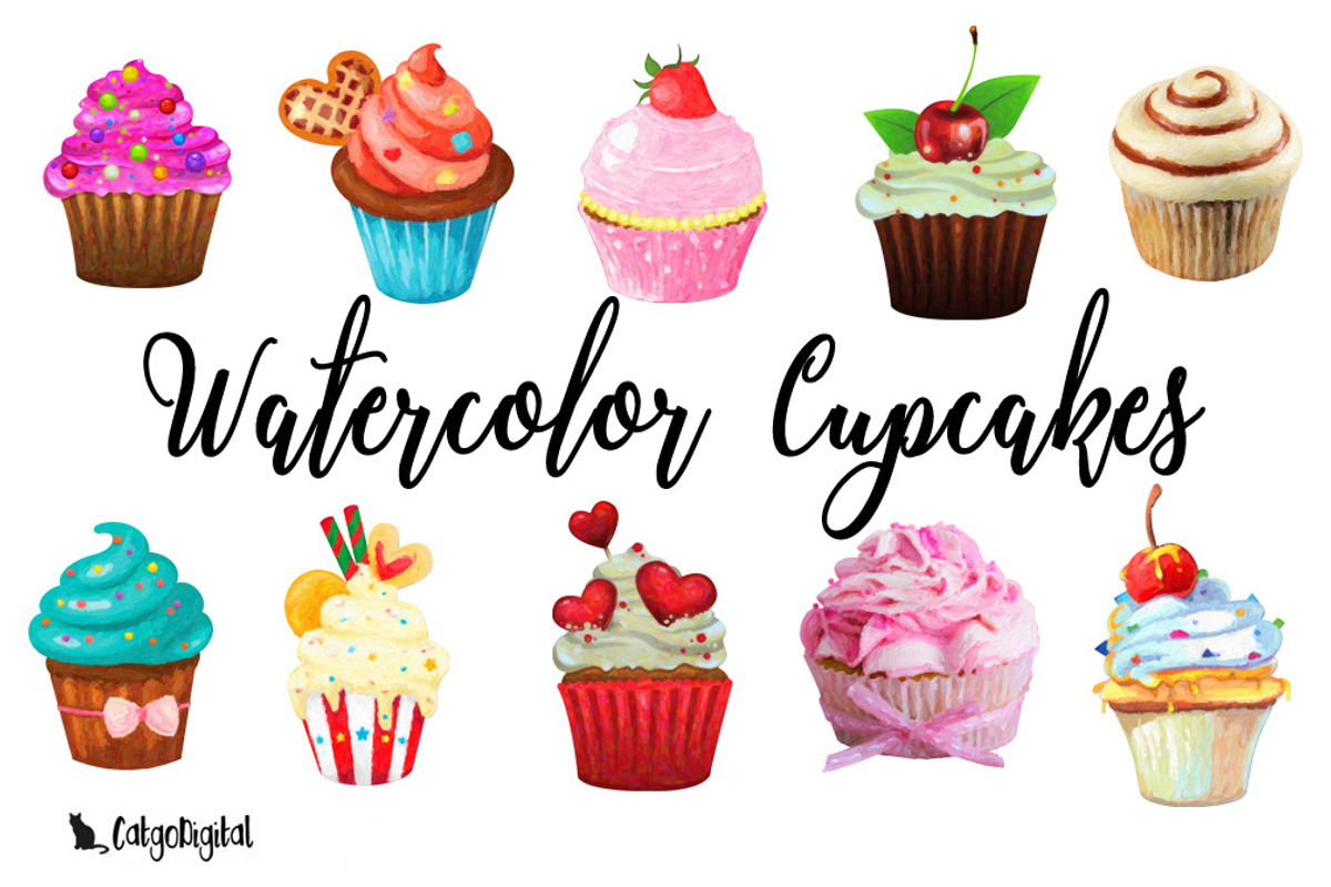 Watercolor Cupcakes Clipart, an Illustration by CatgoDigital
