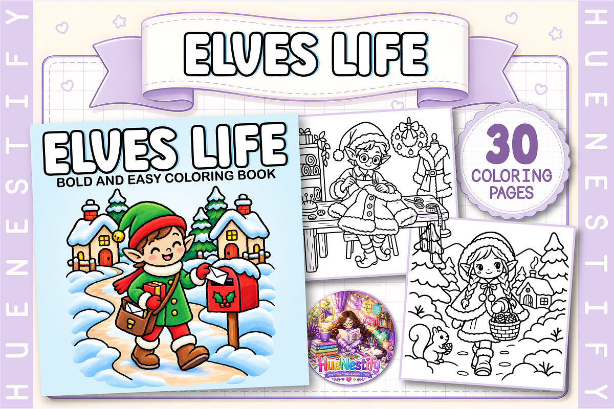 Elves Life Coloring Book, a Seasonal Illustration by HueNestify (Photo 1 of 4)