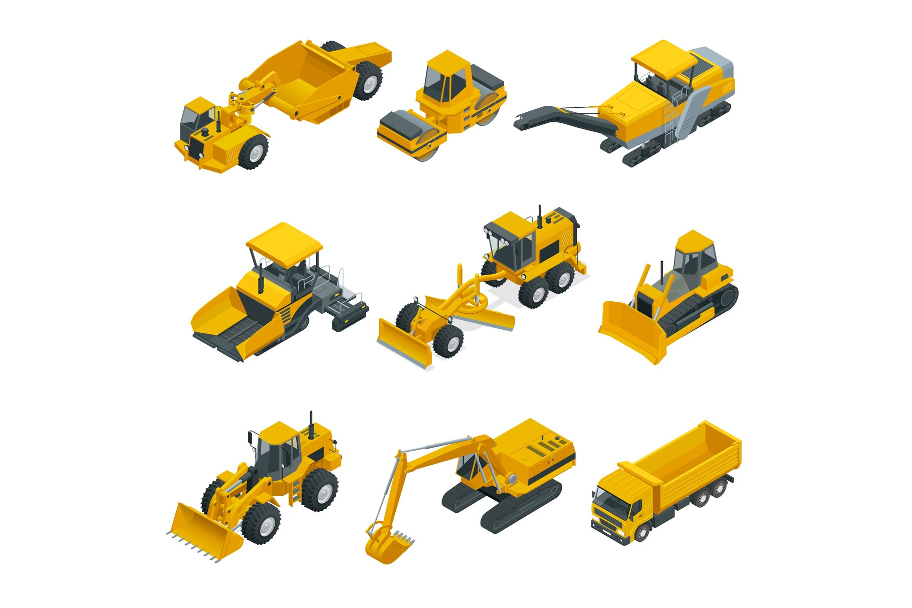 Big Isometric Set Of Construction Equipment Forklifts Cranes Excavators Tractors Bulldozers Trucks by Golden Sikorka  Creative Market
