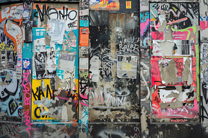 A vibrant urban scene featuring a weathered wall covered in colorful graffiti a, a Background Graphic by Textures & Backgrounds