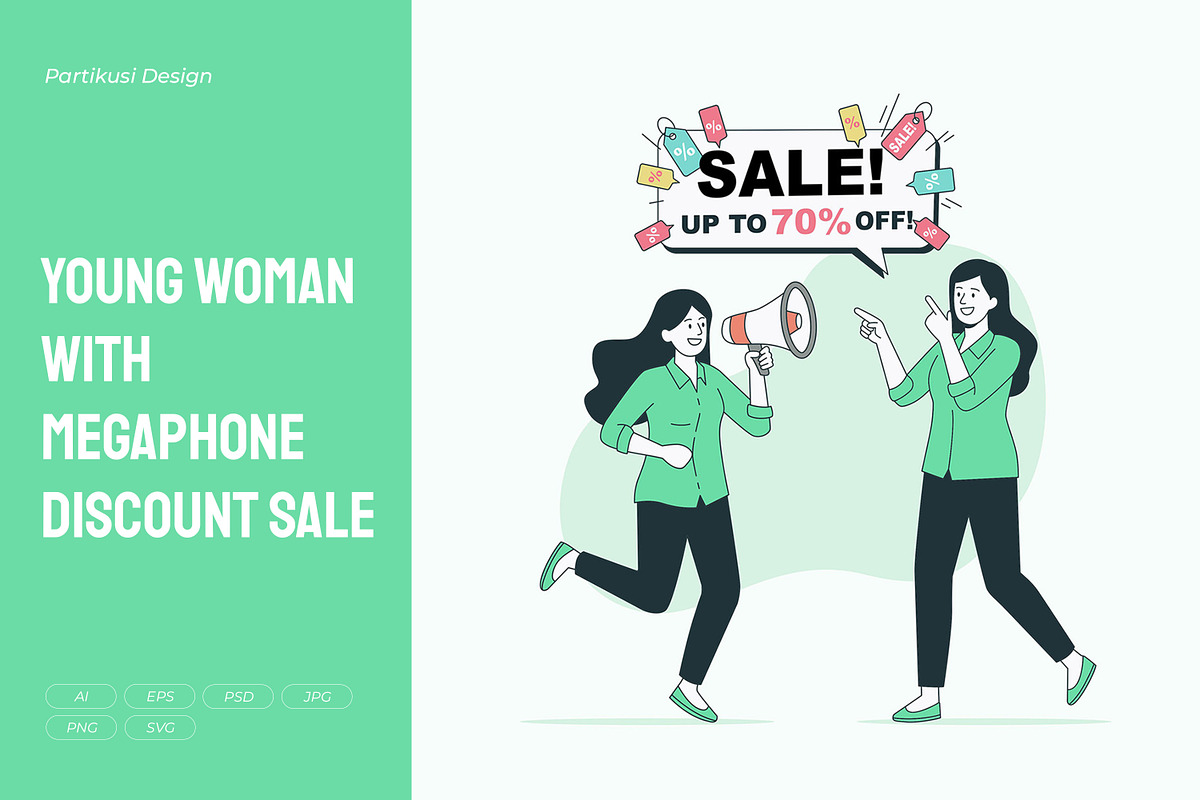 Young Woman with Megaphone Discount, an Object Illustration by Partikusi Design (Photo 1 of 3)