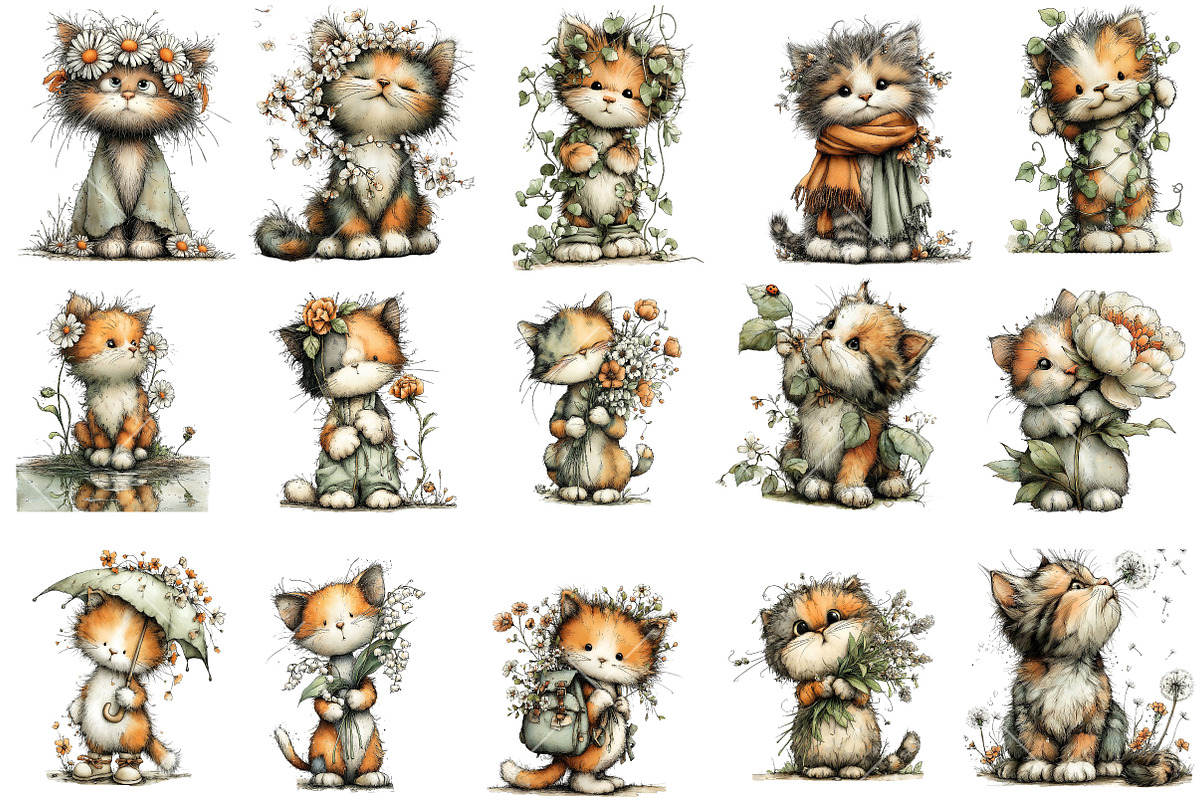 Whimsical Spring Floral Cat Clipart, an Illustration by OK Design (Photo 3 of 6)