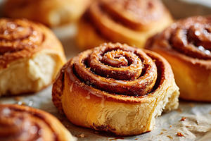Vegan cinnamon rolls with cashew glaze ready to be enjoyed in a cozy cafe setti, a Food & Drink Photo by AlyaAnd