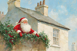Santa Claus peeking over a balcony, a festive Christmas scene in, a Decorative Illustration by Anneleven