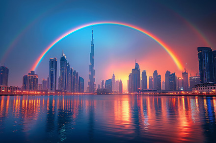 Majestic rainbow arching over Dubai skyline at sunset reflection, a Photo by AS photostudio