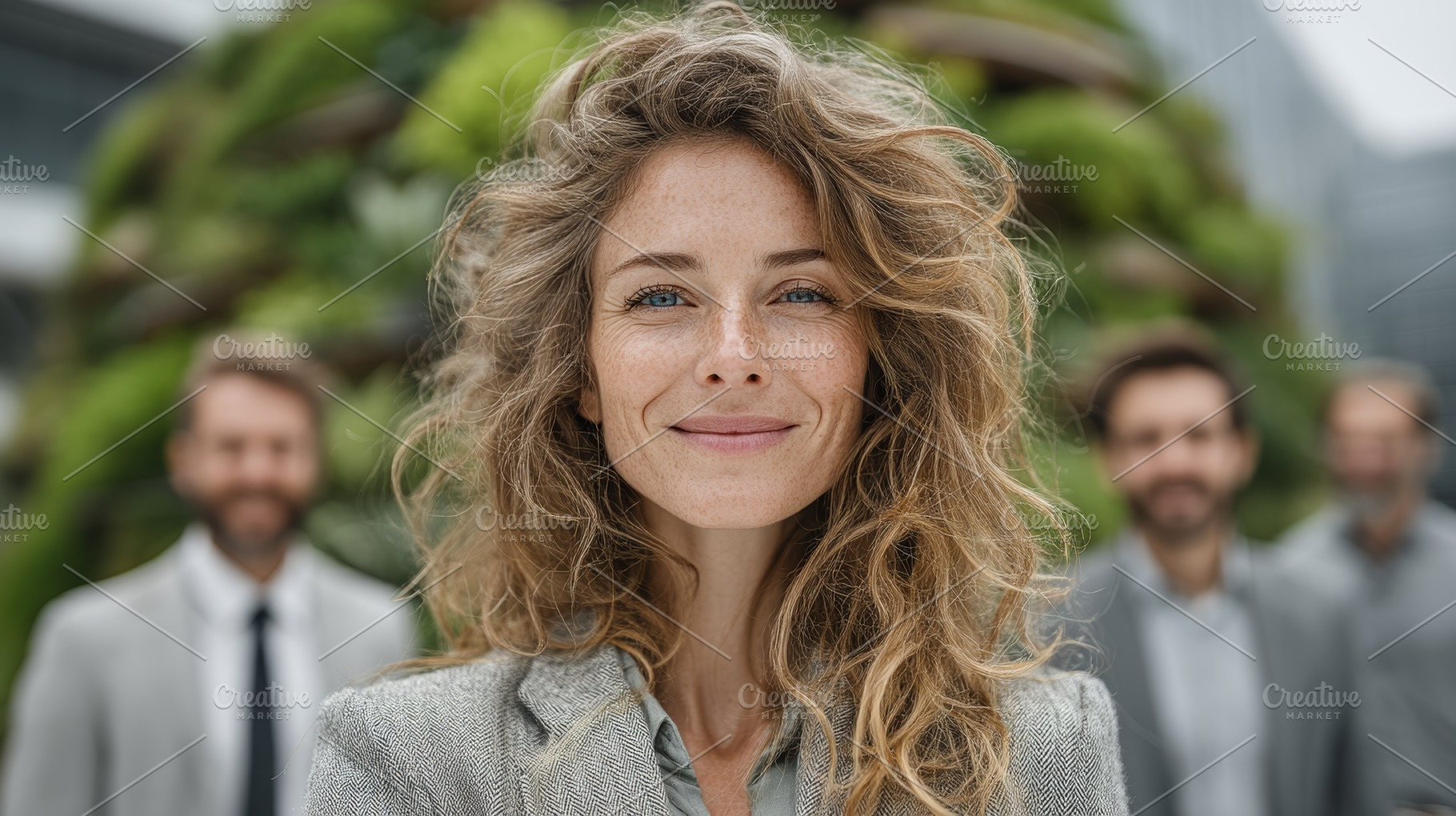 Confident businesswoman leading a sustainable team outdoors with green eco back, a Photo by AS photostudio