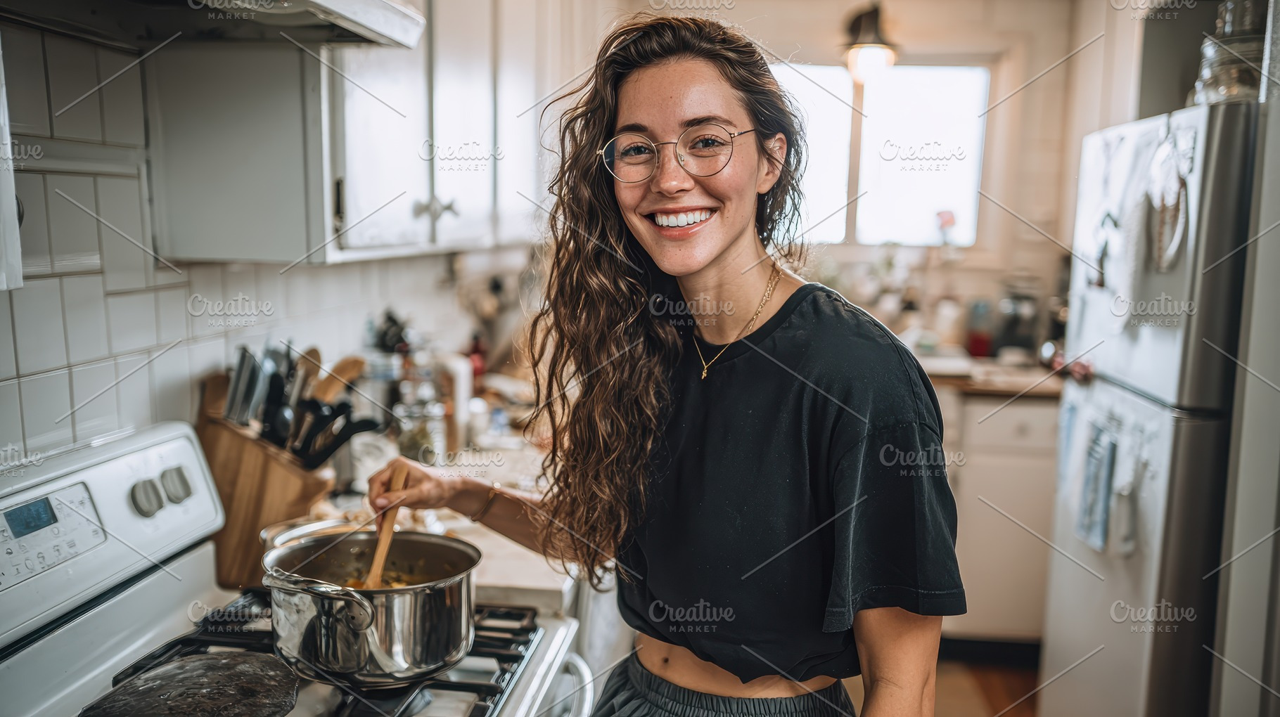 Happy woman cooking soup in her kitc, a Photo by Pixeness Studio